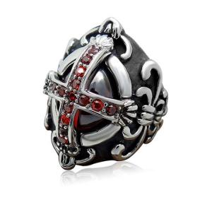 China Men's Vintage Old Silver Plated Titanium Stainless Steel Ring Red Cubic Zircon Gothic Cross(SA240) factory