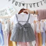 Black White Plaid Children'S Dress Clothing Round Neck Short Sleeve Dress With