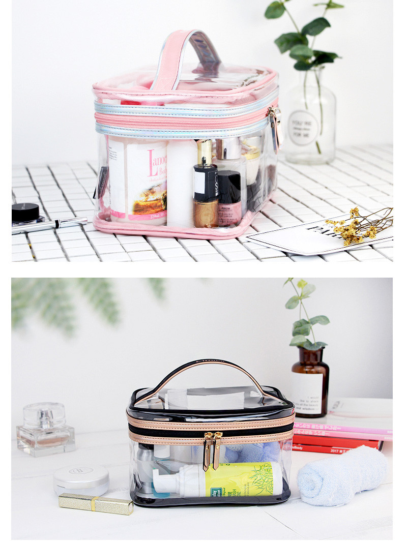 Double Zipper Makeup Bag Transparent PVC Travel Wash Bag Pink with Handle