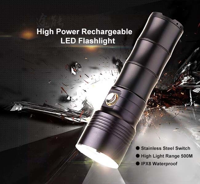 10W Rechargeable LED Flashlight 500m Lighting Distance Wear Resistance