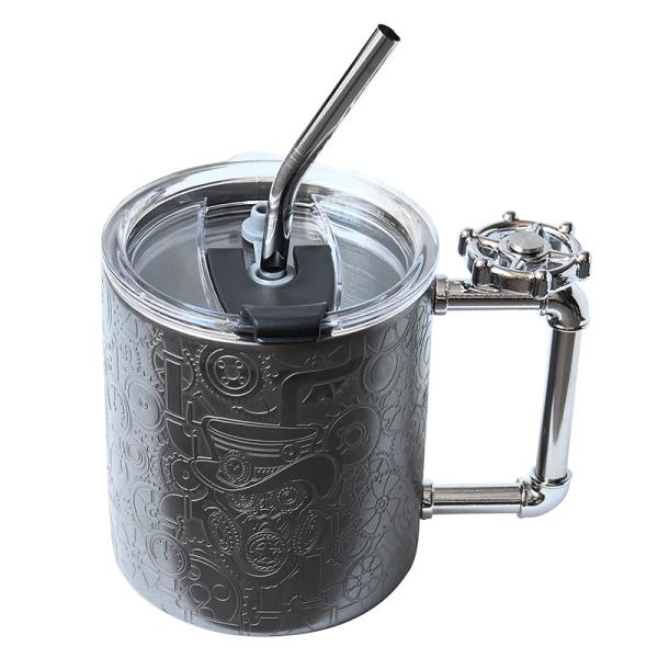Black 14oz Double Walled Coffee Mug Steampunk Style Stainless Steel Cup with