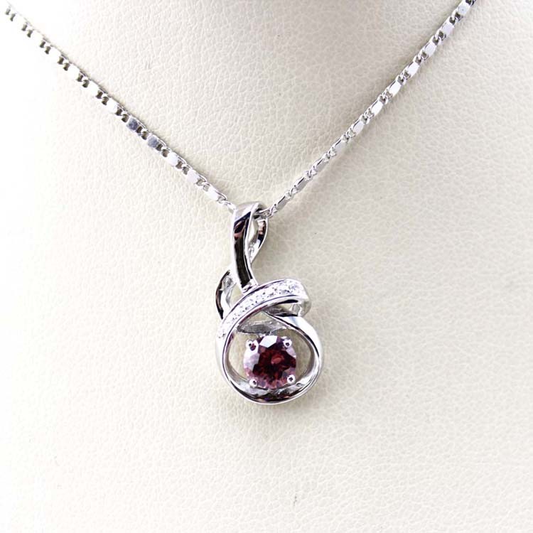 925 Sterling Silver 5mm Round Pink Cubic Zircon Pendant Necklace (P47)