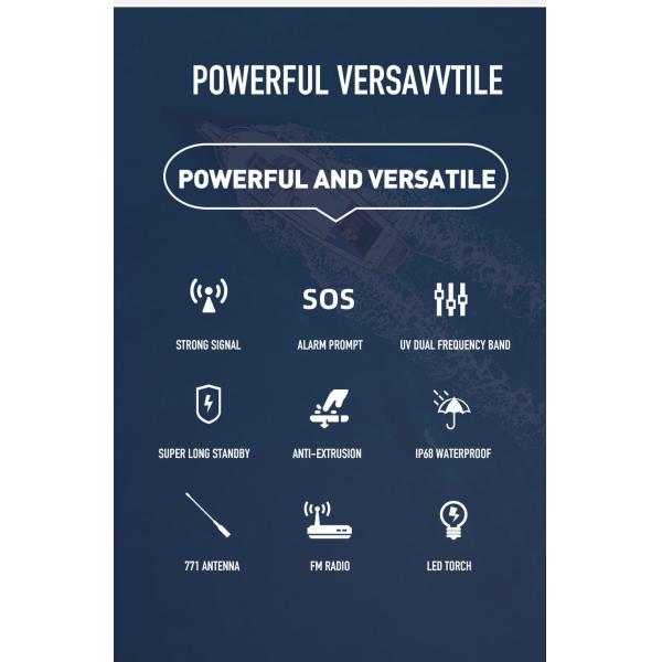 UV-98 PRO High Power Walkie Talkie with 5W Output 1500mAh Battery and IPX4 Water Resistance Portable Two Way Radio