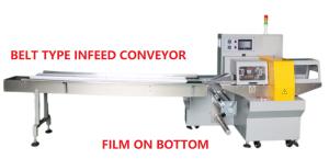 China Conveying 220V Horizontal Flow Wrap Packing Machine Film On Bottom 450mm Film Width factory
