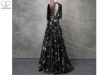 Birds Pattern Black Long Sleeve Ball Gown Blue Diamonds Beaded Back Hollow