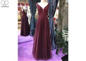 China Sleeveless Burgundy A Line Ball Gown Backless Top Lace Beading Tull Fabric factory