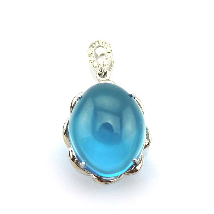 Sterling Silver Jewelry 14mmx17mm Dome Oval Blue Topaz Cubic Zirconia Pendant (PSJ0189)