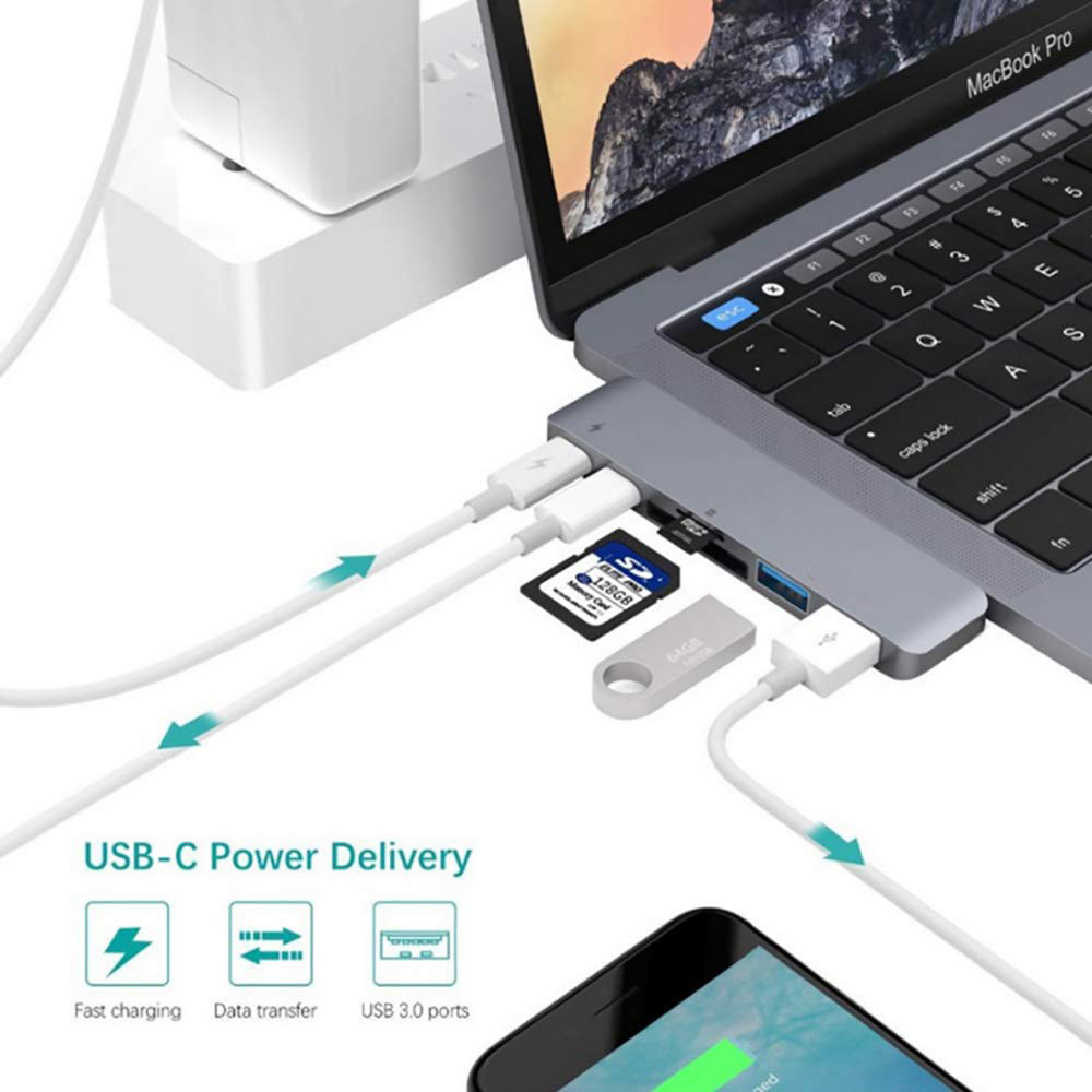 6 in 1 Multi-Port Dual Type C Adapter with USB-C Thunderbolt 3 PD and Data Transfer Port,2X USB 3.0 Ports,SD card reader