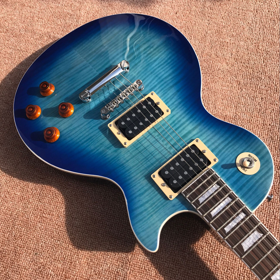 Custom LP tiger flame standard blue electric guitar mahogany body neck