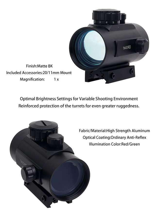 Outdoor Hunting Reflex Optic Sights Tactical 1X40 Illuminated Red Green Dot With 11 / 20mm Rail