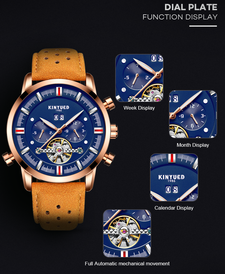KINYUED J019-1 Gold Case Genuine Leather Auto Date Skeleton Tourbillon Automatic Mechanical Wristwatches