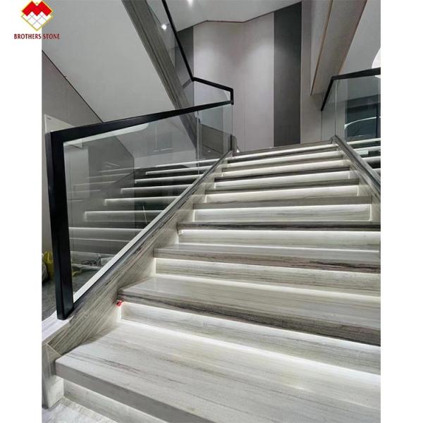 Wooden White Marble Straight Stair with Drawing Surface and Anti-Slip Tape Design