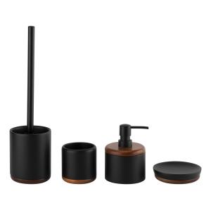 China Round Shape Black Polyresin Bathroom Accessories Polyresin Soap Dispenser With Acacia Wood Top factory