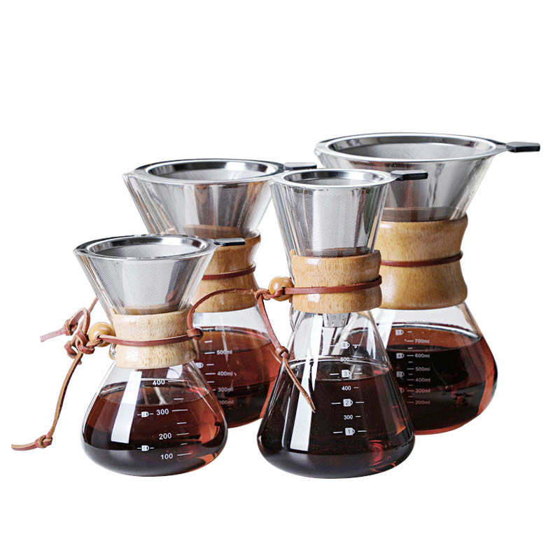 B2B Custom 400ml Glass Pour Over Coffee Brewer|Stainless Steel Filter&Wood Sleeve|Camping Brewing Pot