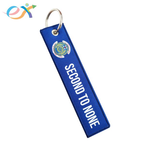 Custom Woven Keychain Metal Ring Polyester Fabric Blue Rectangle Polyester