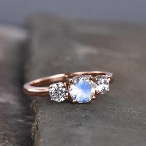 China 925 Sterling Silver CZ Natural Jewelry Faceted Rainbow Moonstone Three Stone Ring factory