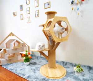 China Luxury Hexagon Wooden Pet Bed Cave Cat Climbing Tower With Space Capsule factory