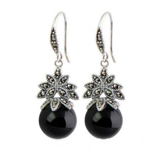 China Sterling Silver Black Agate Bead Dangle Hoop Earrings Thai Vintage Jewellery (E12035BLACK) factory