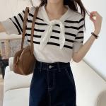 Navy Collar Thin Retro Striped Women Knit Sweater Contrast Color