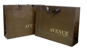 China Brown Matt Coat Paper Carrier Bag Ribbon Handle Gold Logo On 4 Sides factory