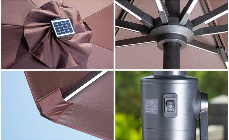 Outdoor Cafe Patio Beach Parasol with Solar LED Lights and Aluminium Centre Pole