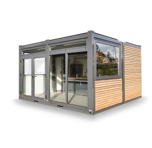 China 20ft Container Store Wood Grain Metal Frame Hotel Mobile House with Galvanized Steel Square Tubes and Flat Packaging factory