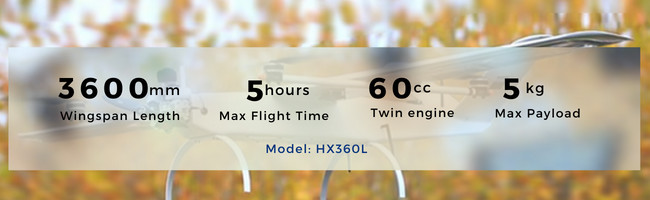 VTOL Industrial Drone Long Endurance 3600mm Wingspan Payload 5KG Pod Camera For Mapping Survey Inspection HX360L