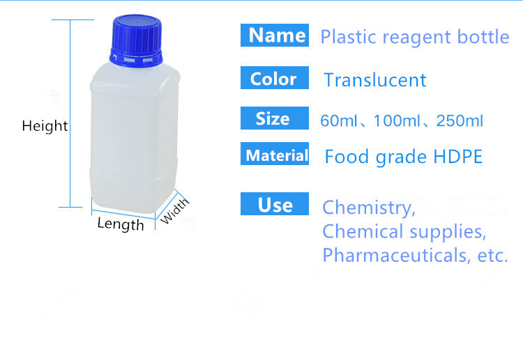 Square White HDPE Plastic Lab Bottles Reagent Chemical Storage 60ml-250ml