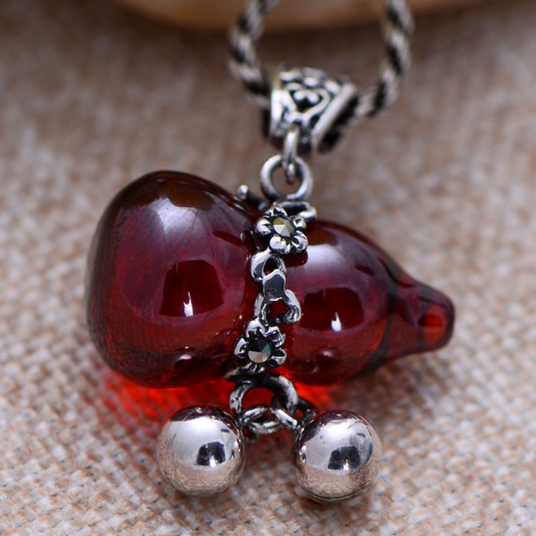 Thai Sterling Silver Pendant Necklace with Gourds Shape Red Cubic Zircon Charm(XH0384)