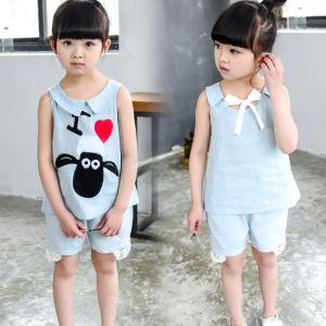 China 2016 Fashion Girl Kid's Clothes Set Little Sheep Sleeveless Tops+ Short Pants Jeans T309 factory