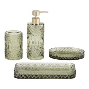 China Glass Bathroom Accessories Set Green Color Round Shape Diamond Pattern Soap Dispenser Tumbler Soap Dish Towel Tray factory