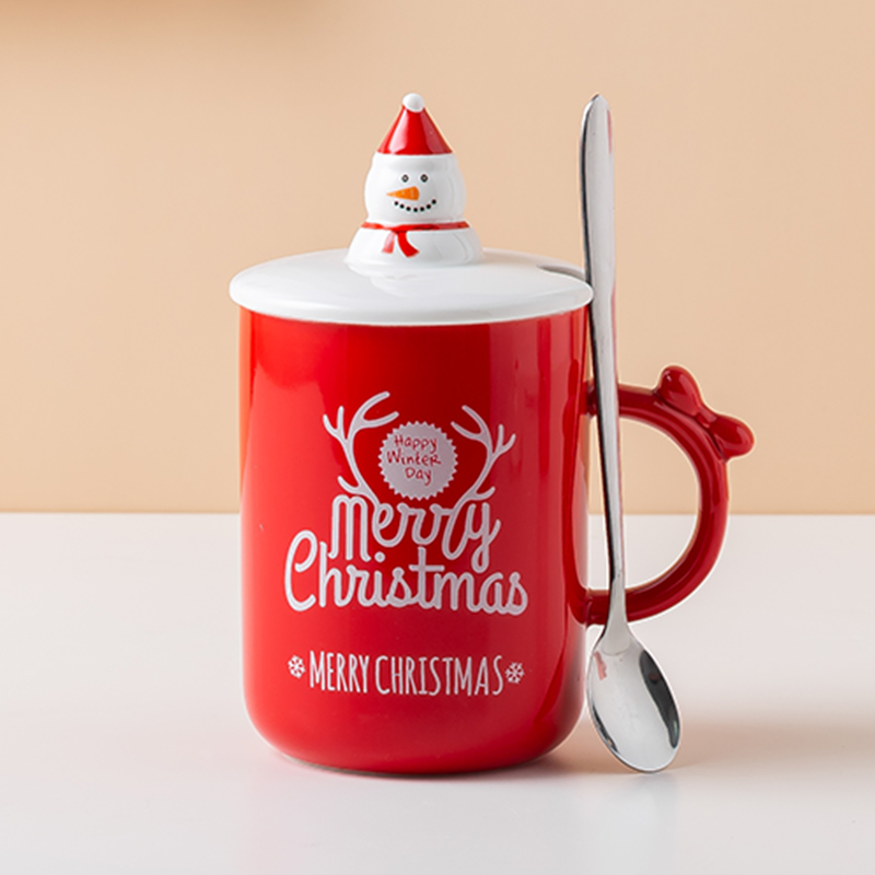 New Festival Mug Christmas Round Santa Claus Lid Stainless Steel Spoon Elk Pattern Ceramic Mug With Cover