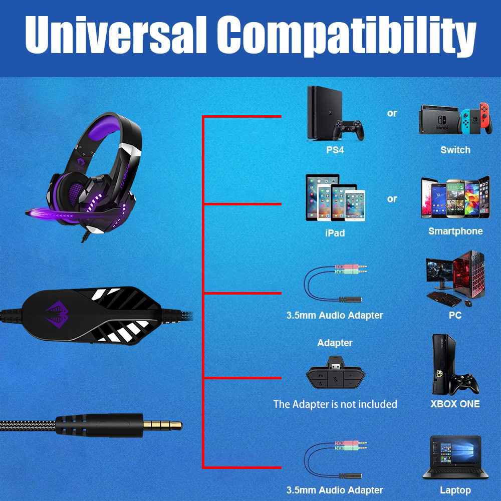 7.1 Surround PC Gaming Headset Noise Cancelling Support Win 7/8/8.1/10/XP