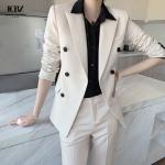 Nonwoven Women's Office White Dress Suit 2023 Top and Pants with Single Button