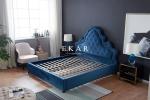 Contemporary Wood Blue Velvet Fabric Double Bed