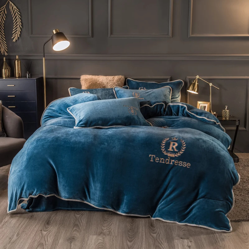 Customized Solid Milk Velvet Embroidery Bedding Set Thickened Warm Flannel Four Piece Set