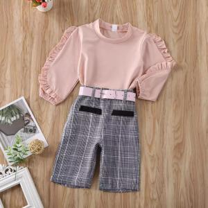 China Srping And Autumn New Children's Outfit Sets Pink Long-Sleeved Wooden Ear T-Shirt Shirt Plaid Three-Piece Belt​ factory