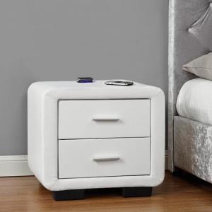 China Faux Leather Fabric Bedside Table Two Drawers White With Bluetooth Speaker factory