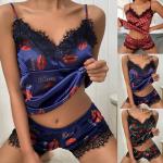 Soft Underwear Satin Lace Floral Edge Sleepwear Sexy Tempt Pajamas For Women