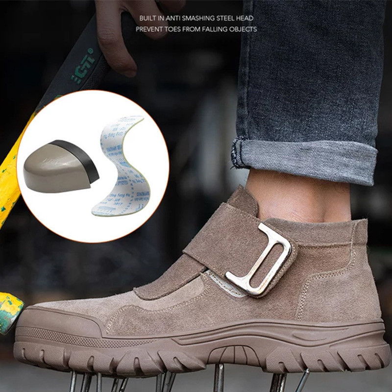 Comfortable Men's Welding Safety Shoes Suede Work Boots With Rubber Sole Felt Button Kevlar