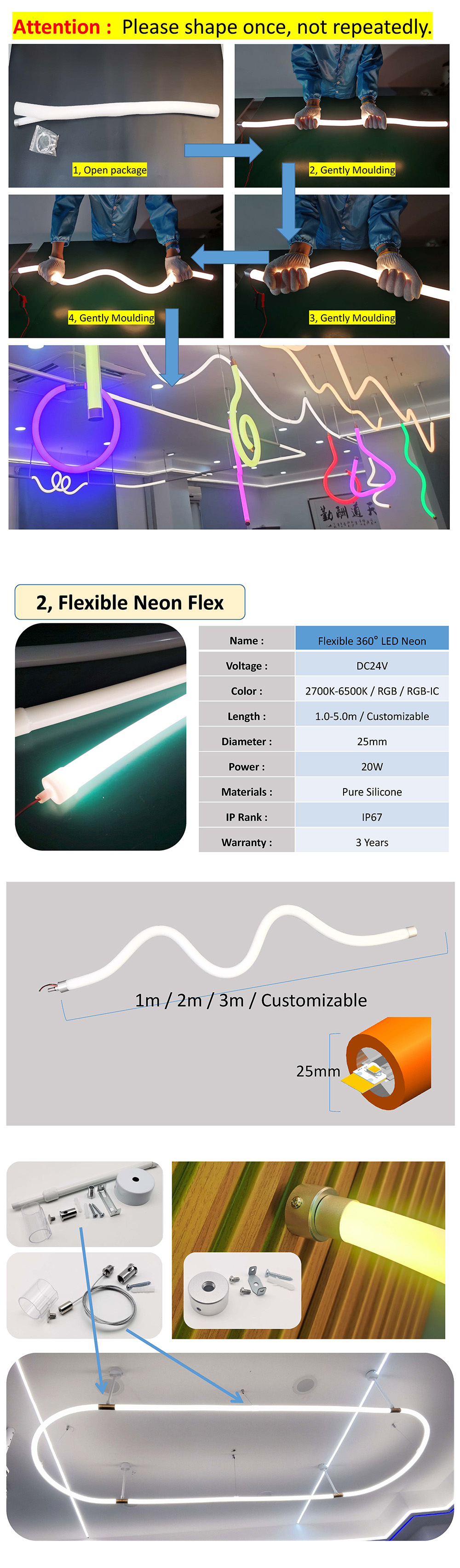 25mm Dia Silicone Dimmable LED Strip 12V 24V Flexible Neon Tube Lighting