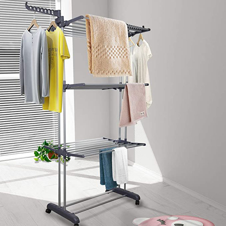 China Adjustable 3 Layers Foldable Clothes Drying Rack Stainless Steel Frame factory