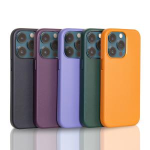 China 15 Pro Max Blue Real Leather Phone Case with Magnetic Metal Buttons and Card Flip Lanyard factory