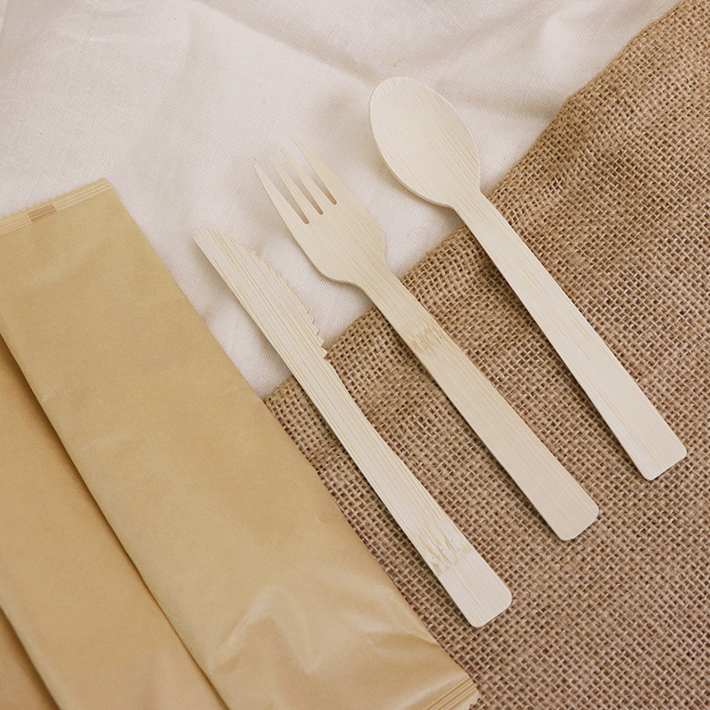 Disposable Bamboo Cutlery Spoon Fork Knife Toothpick Napkin Sets Individually Wrapped