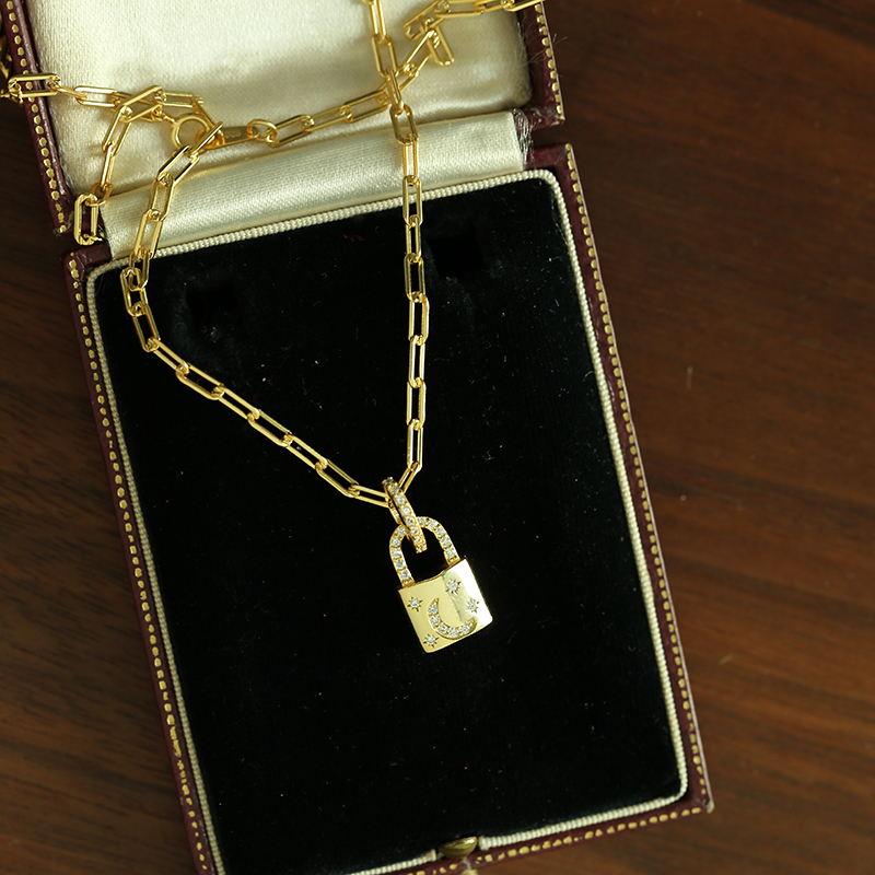18K Gold Locket Pendant Pave White CZ Link Chain Necklace For Engagement