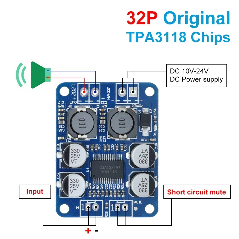 TPA3118 60W Mini Home Amplifier Board for DC 12-24V Plastic Material Audio Power Amp