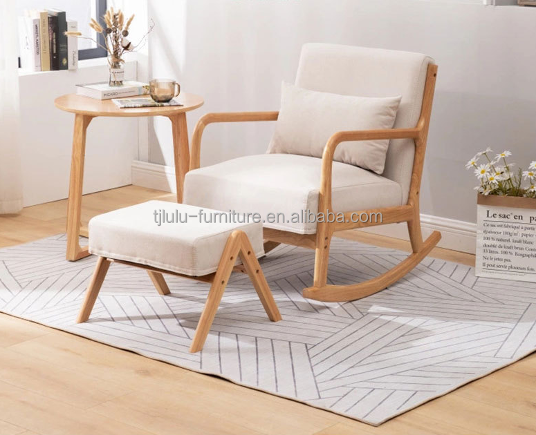 Stylish Living Room Furniture Upholstered Wood Rocking Chair and Stool for Relaxing