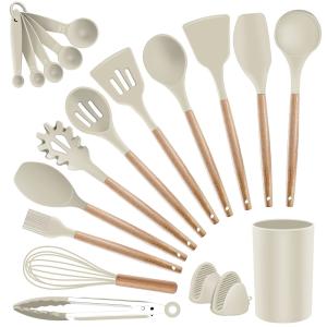 China Non-stick Silicone Kitchen Utensils Wooden Handle with Holder Spatula Spoon Turner Tongs factory