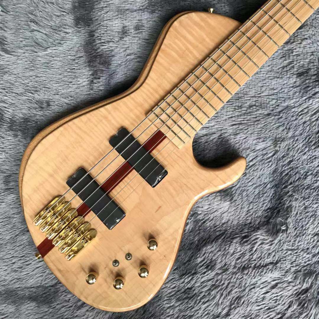 Custom Flamed Maple Top Neck Through Body 6 Strings 24 Frets Active Pickup Electric Bass Guitar