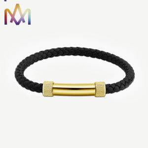 China Magnetic Snap SS304 Cowhide Mens Braided Bracelet 67MM With Cylindrical Bar factory